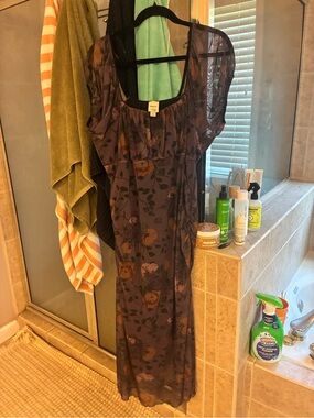 Maeve Sheer Floral Maxi Dress in Brown and Black